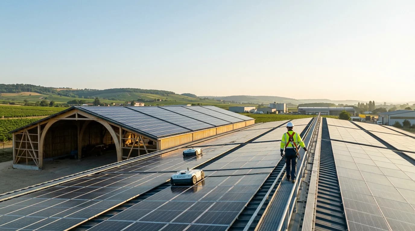 Technicien et robots de nettoyage sur une grande toiture photovoltaïque