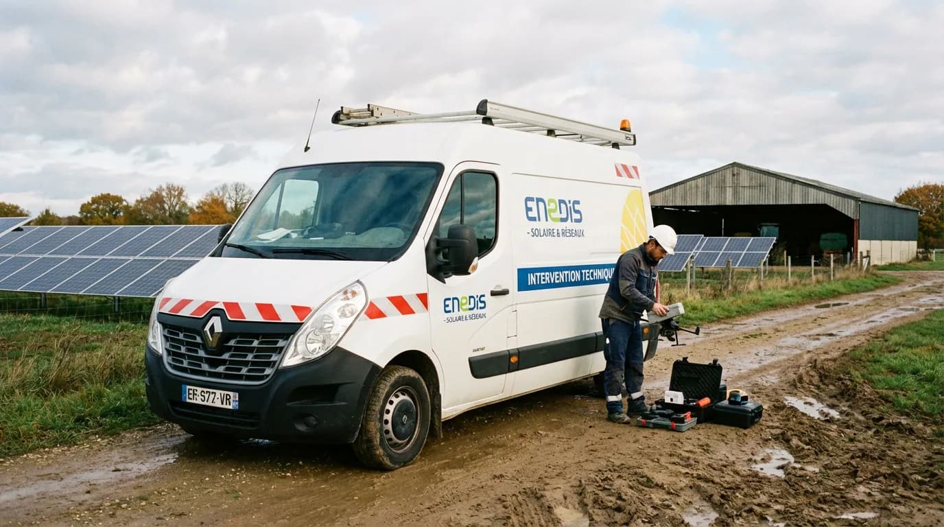 Véhicule d'intervention et technicien préparant du matériel près de panneaux solaires
